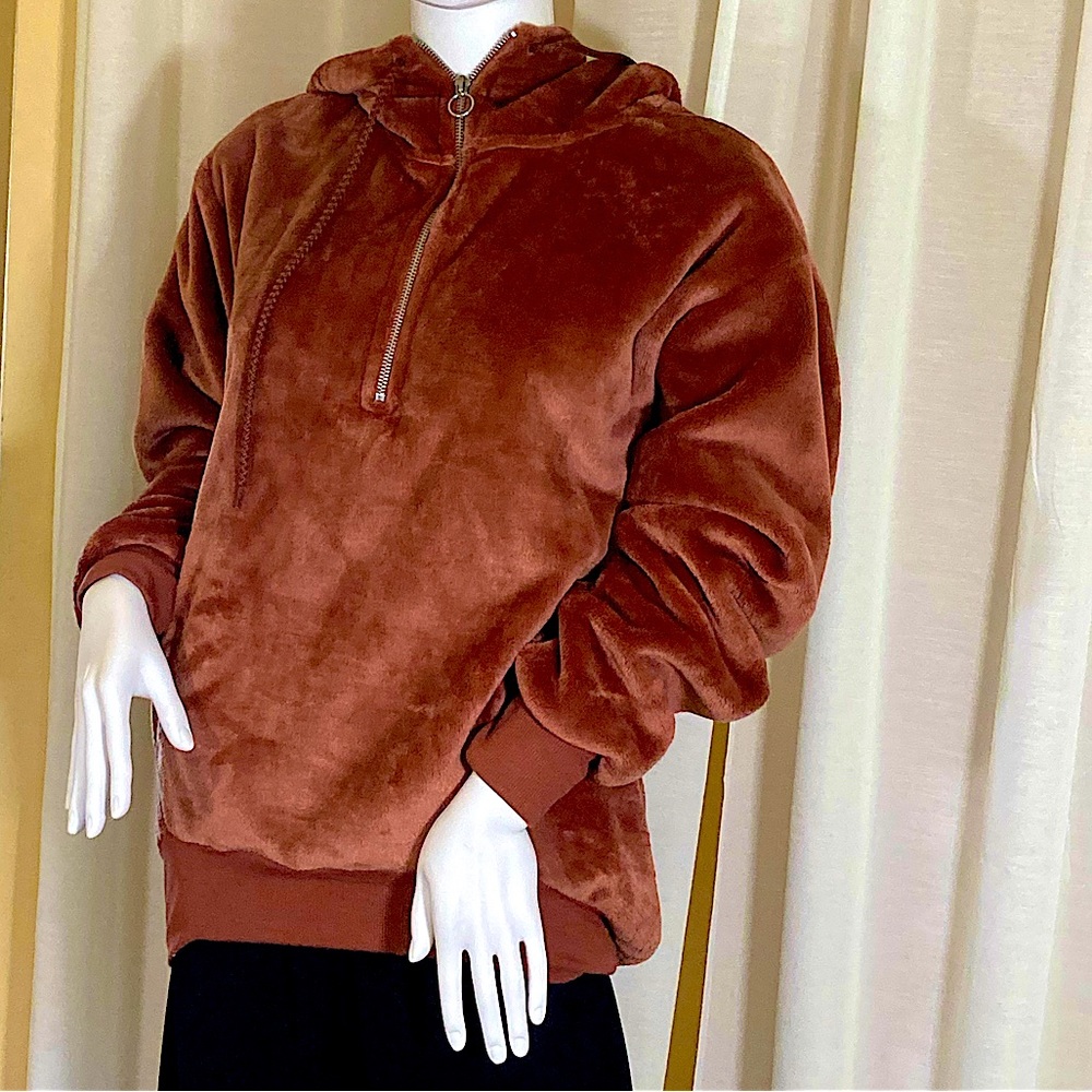Express One Eleven Rusty-Brown Plush Velour Half Zip Hoodie - XS